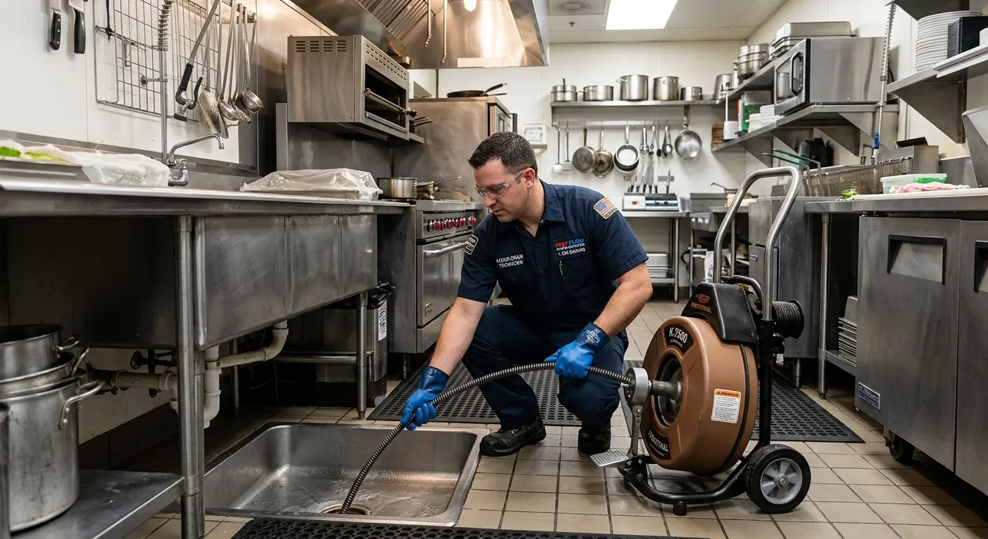 Commercial drain cleaning service in a restaurant kitchen in Bayou Cane
