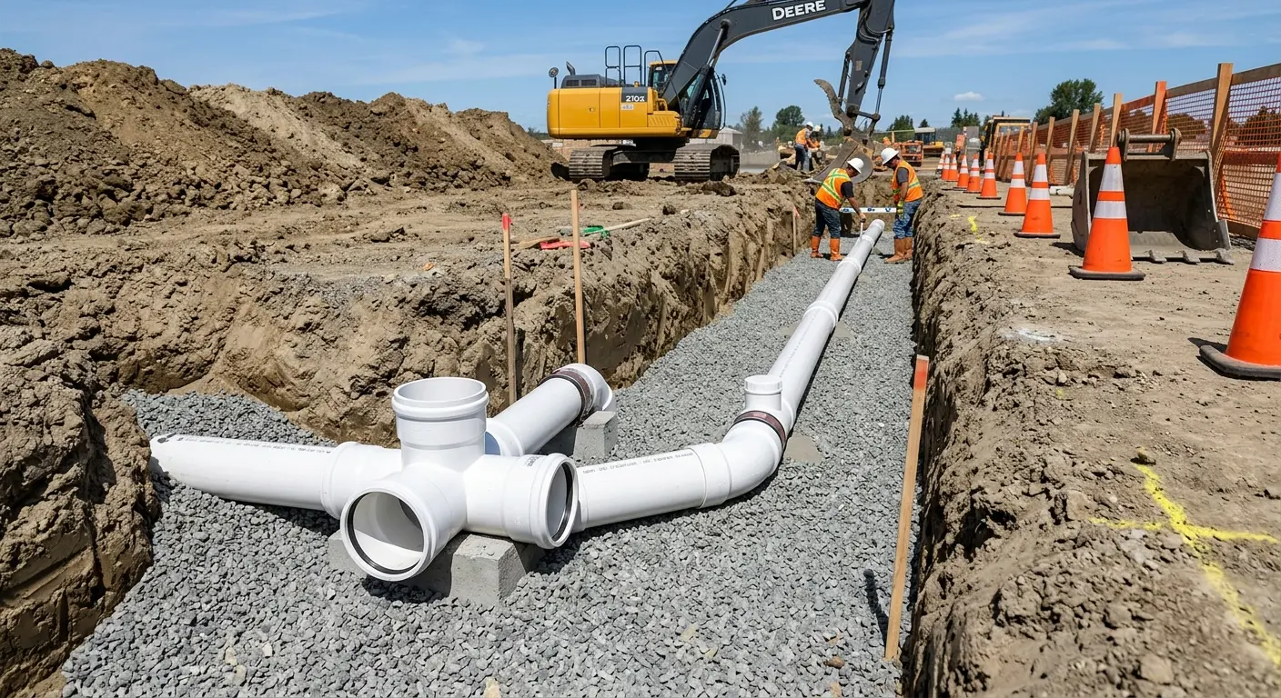 New PVC sewer pipe installation in open trench for Commercial Drain Cleaning in Bayou Cane