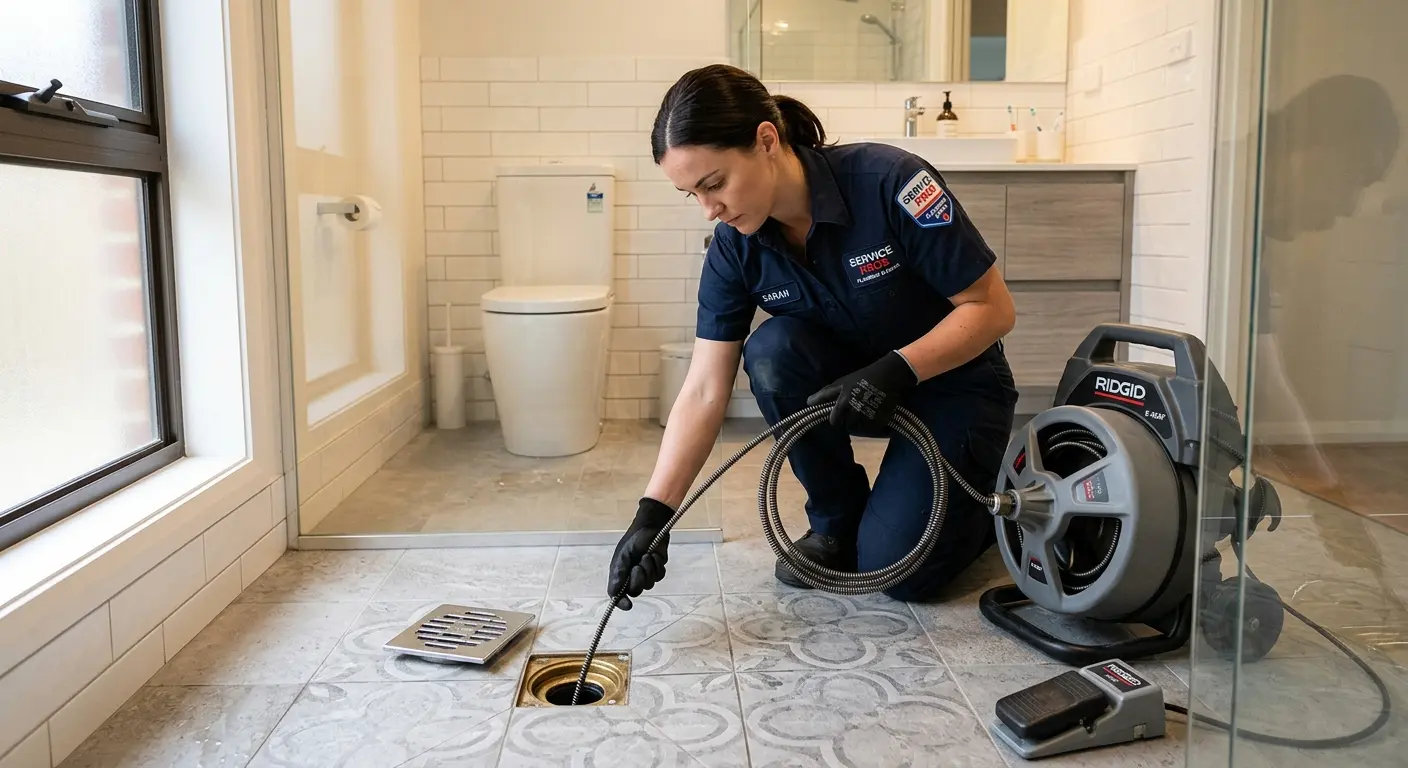 Technician clearing a bathroom floor drain for Hydro Jetting in Bayou Cane